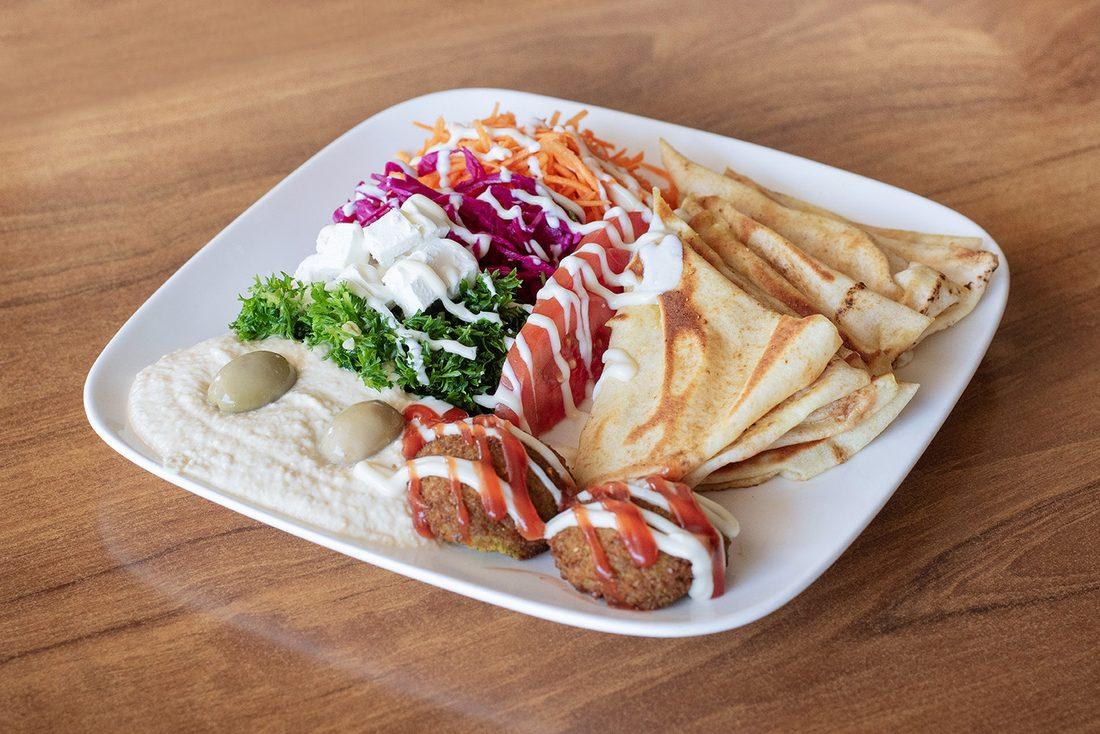 Almaz Platter with hummus, falafel, feta and pita