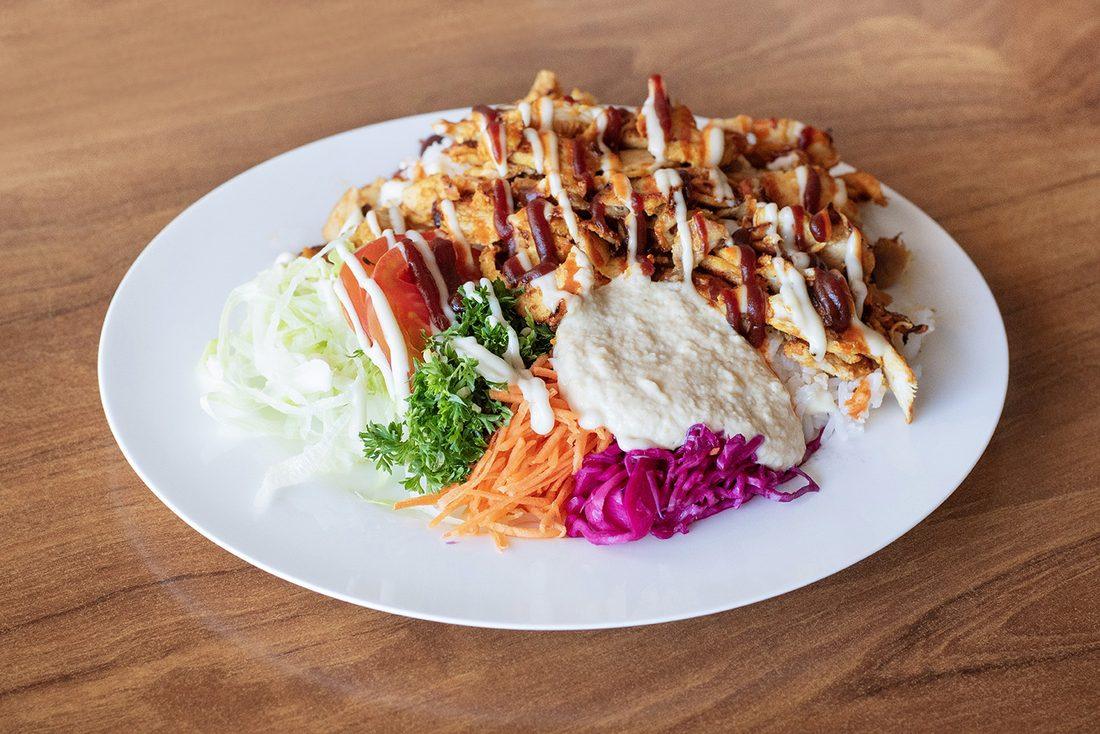 Chicken on Rice with fresh salad